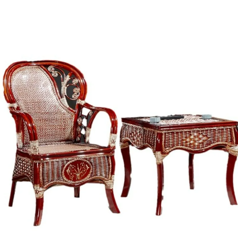 

Balcony real rattan tables and chairs household leisure rattan chairs tea table rattan backrest single chair tea table three-pie