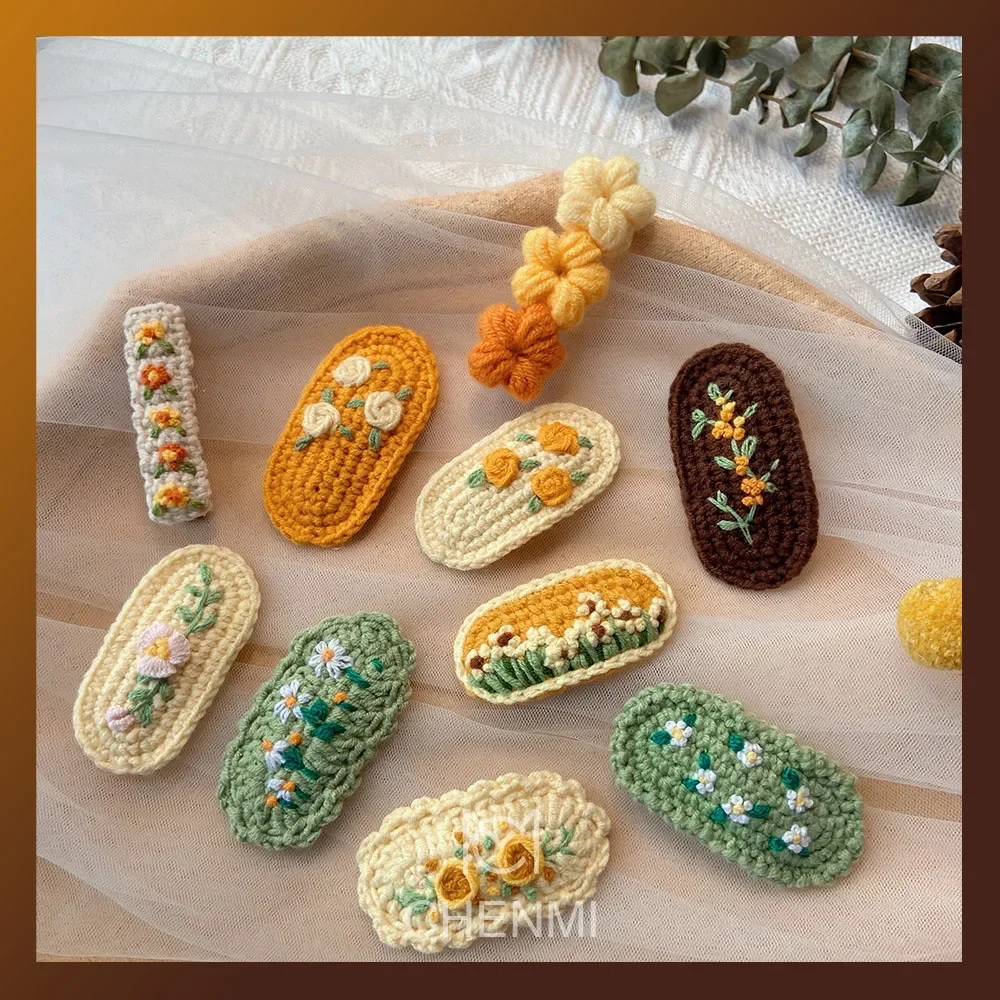 1Pcs Hand-crocheted Embroidery Flower Knitting Wool Knitting&Crocheting Retro Hairpins Elegant Side Clip for Girls and Women