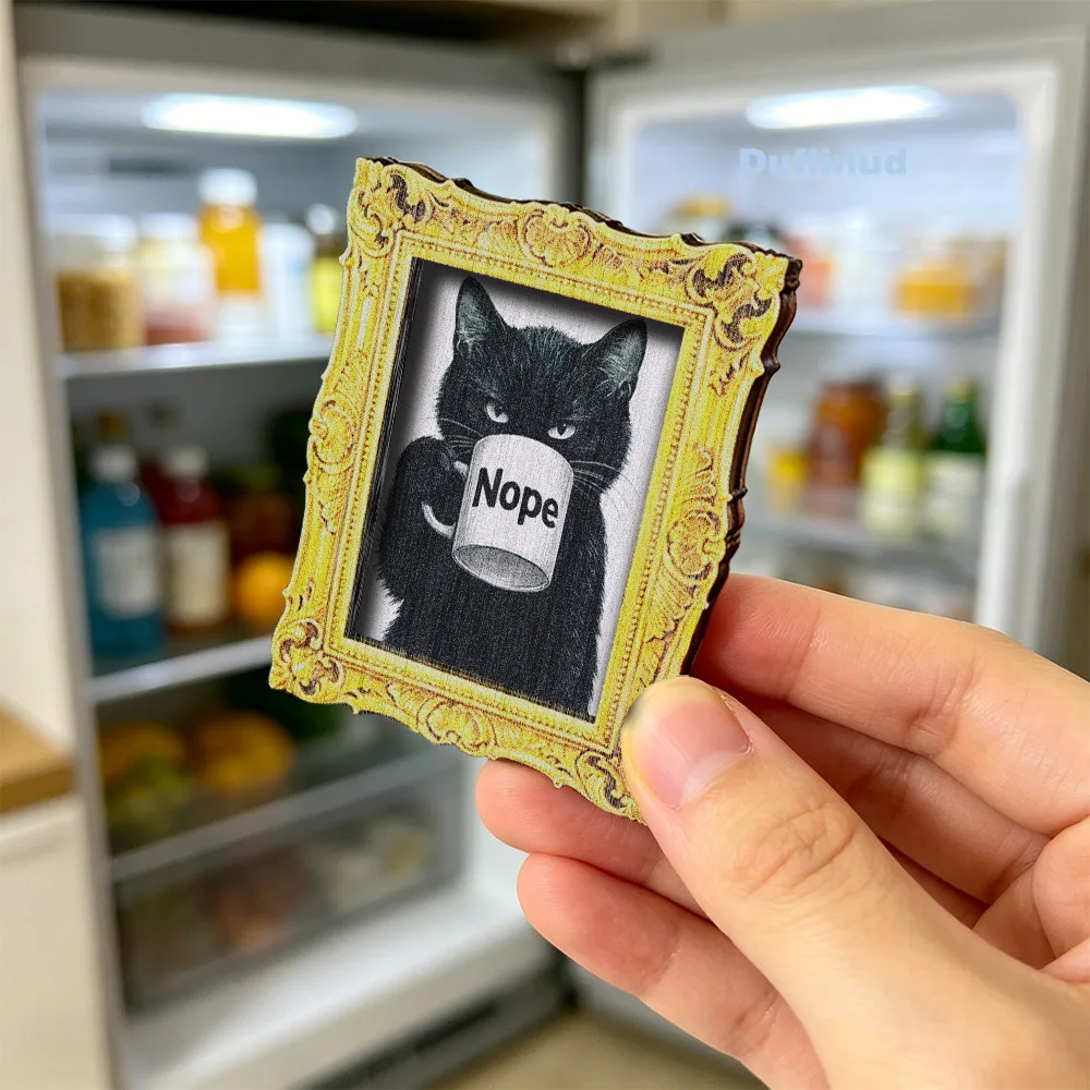 Vintage Goldener Verzierter Rahmen Schwarze Katze Nope Kaffeetasse Holz-Kühlschrankmagnet, Lustiger Retro-Gothic Kühlschrankmagnet Küche Zuhause – Detail 7