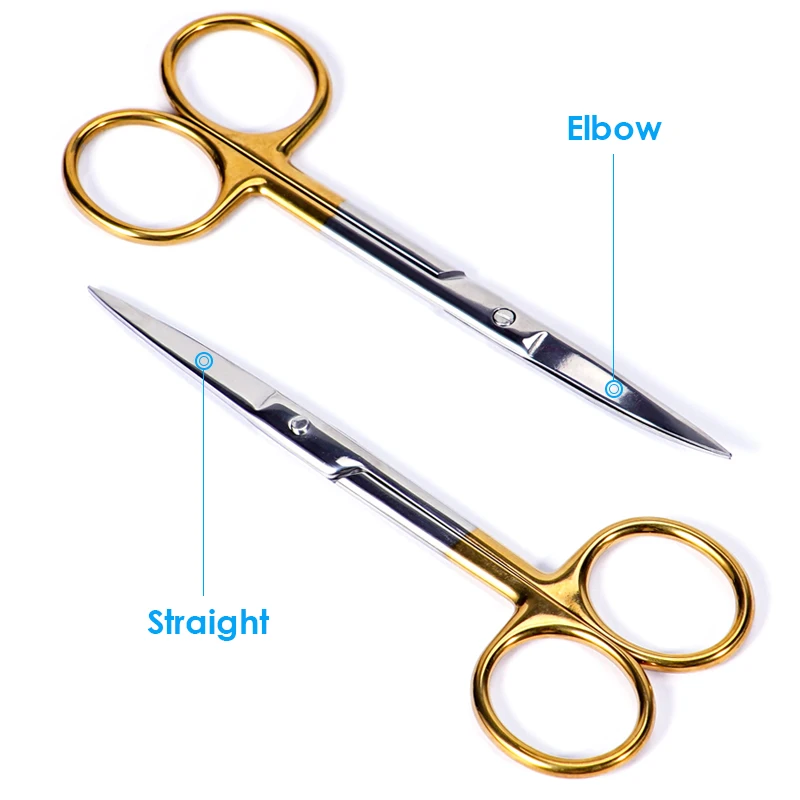 Dental Gold Handle Surgical Scissors Stainless Steel Straight Elbow Tip Tissue Cutting Forceps Medical Stitch Scissors