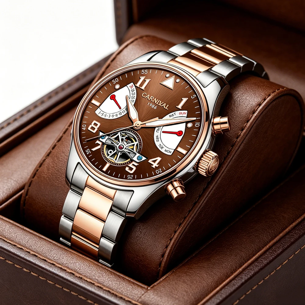 CARNIVAL Top Brand Men's Watches Trend Brown Automatic Mechanical Wristwatch Stainless Steel Strap Waterproof Luminous Watch