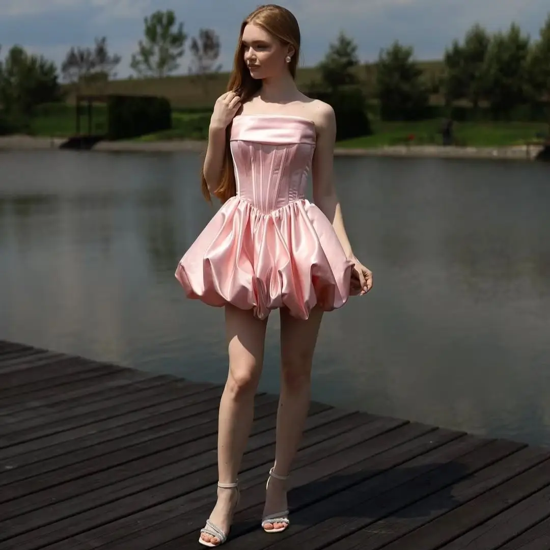 

MD Elegant Pink A-line Short Evening Gown Satin Sleeveless Pleat fluffy Cocktail Prom Gown Summer Corset Back Customized 2025