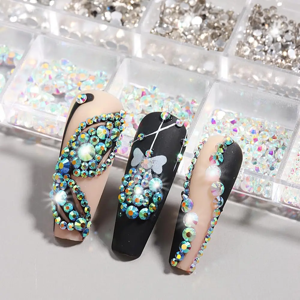 12 grades 3d aurora ab arte de unha strass + 1 peça pinça flatback redondo vidro gema decorações de unhas tamanhos mistos joias de diamante para unhas