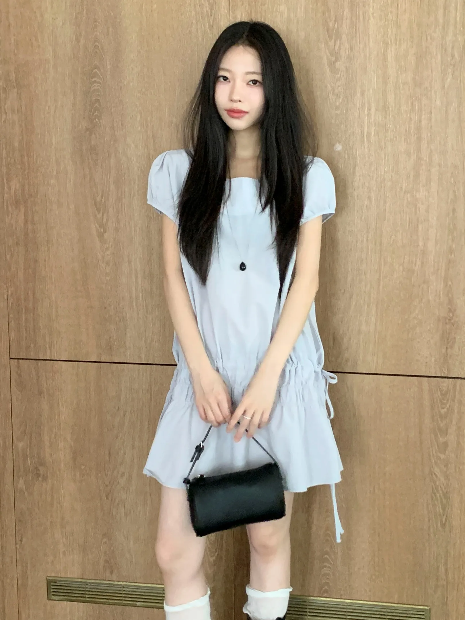 

Summer New Women's Elastic Dstring Bubble Sve ort Dr Sweet Sle round Ne Pure Color Polyester Fiber 00%