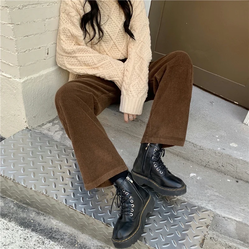 New  Women Spring Corduroy Pants High Waist Autumn Vintage Korean Wide Leg Pants Elegant Belt Loose Cotton Streetwear