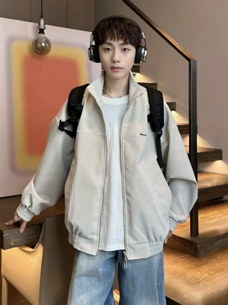 

Cleanfit Men's ort Flight Jaet Stand Collar Baseball Sle Spring Autumn American Retro High Sensation Cool PU Leather Coat