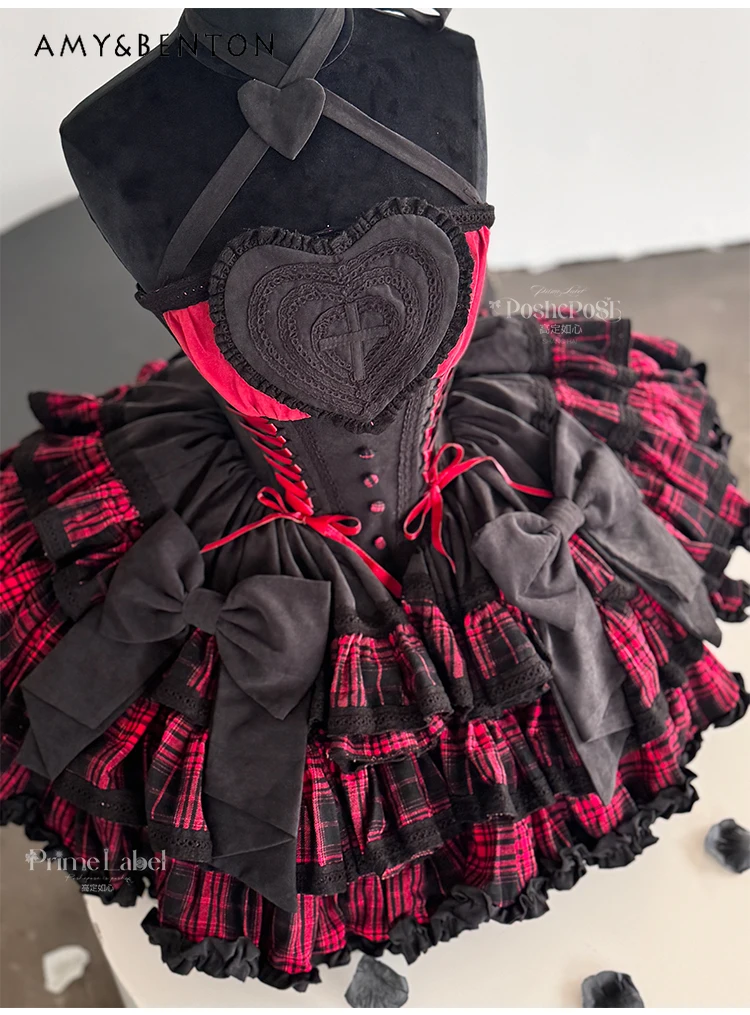 Harajuku Red and Black Plaid Splicing Ball Gown Dress Subculture Girl Off Shoulder Halter Dress Fo Women Bow Slim Princess Dress