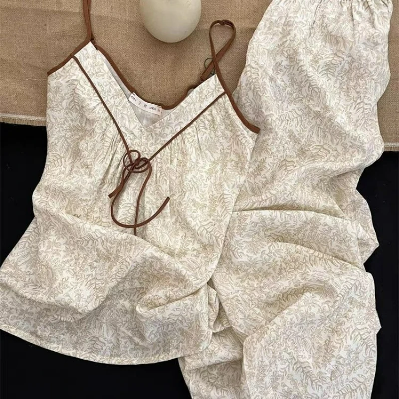 New Chinese Retro Premium Summer Suspender with Chest Pad Pajamas Women  Vest Loungewear Trousers Set National Style Ventilate