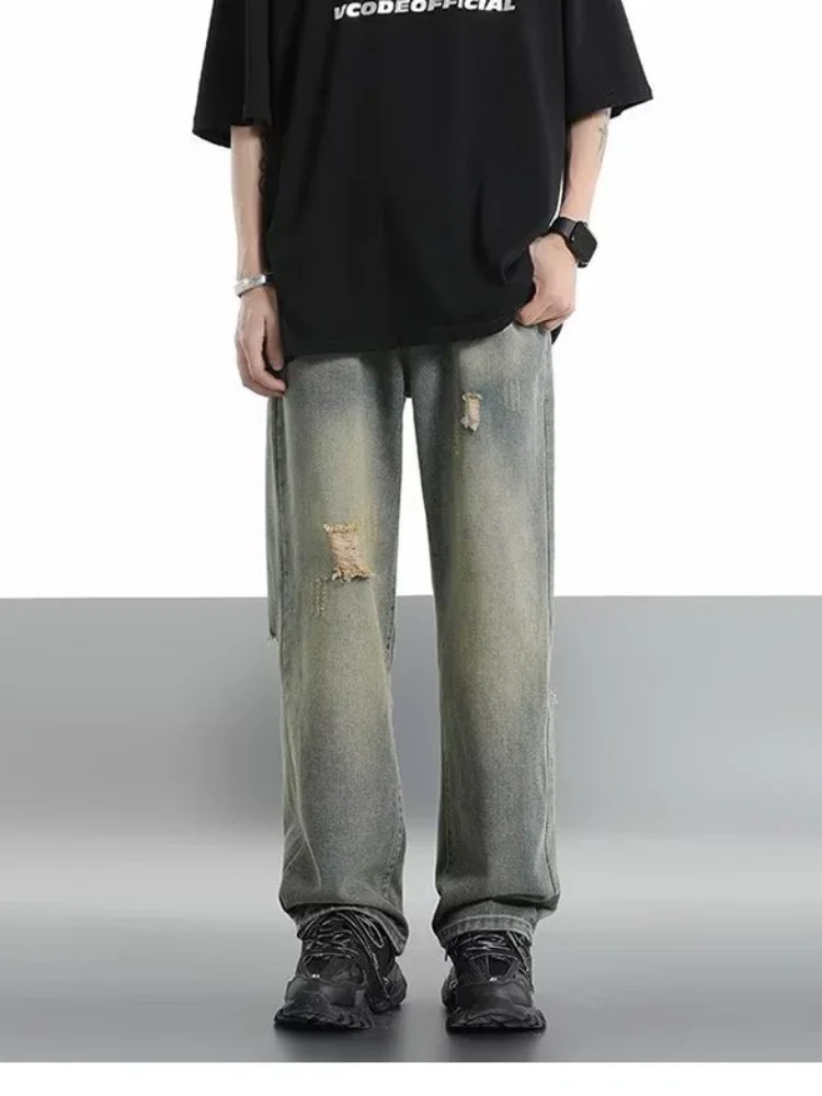 2025 outono jeans buraco fino jeans para homem com estrela de cinco pontas jeans rasgados rua casual azul calças jeans y2k streetwear