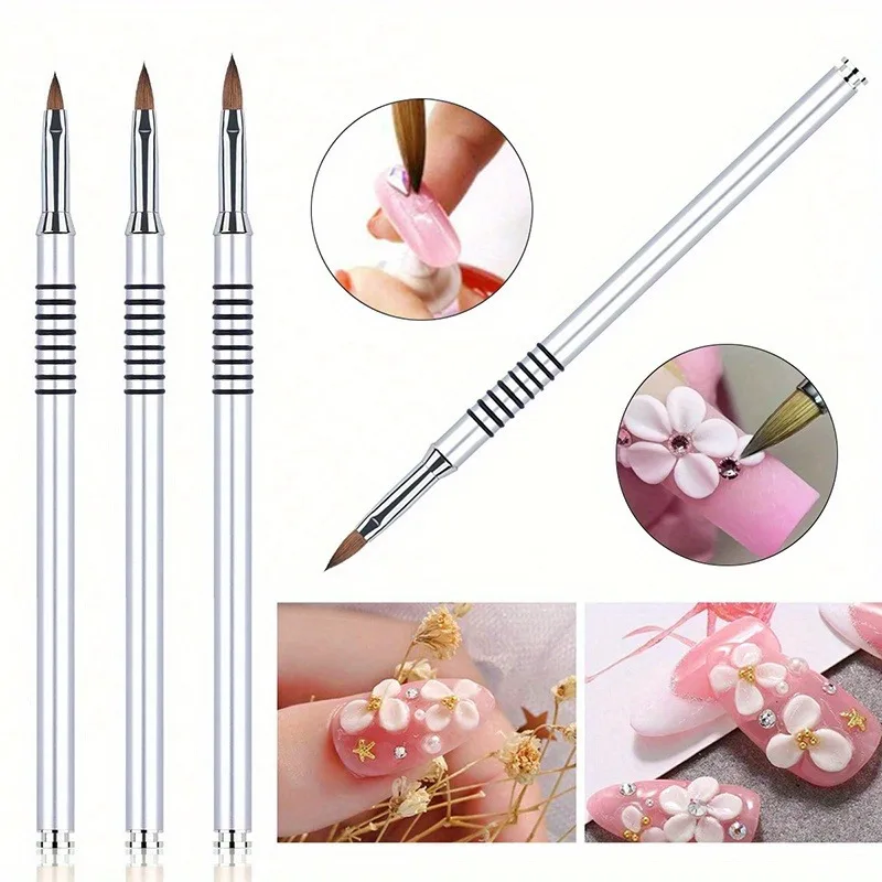 3pcs 3D Nail Brush Light Silver Design Liquid Powder Carving Extension Pen Manicure Nail Tip Flower Drawing Tools