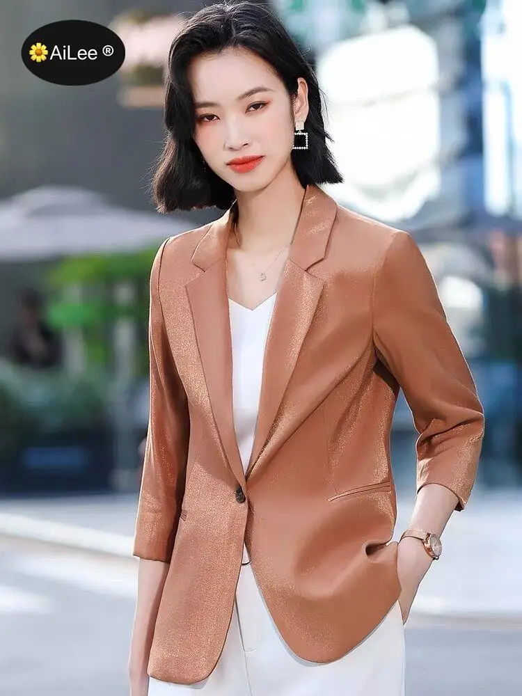 Luxury Satin Silk Blazer Lady 3/4 Sleeve Summer Thin Coat Formal Business Office Work Single Button Jacket Senior Streetwear