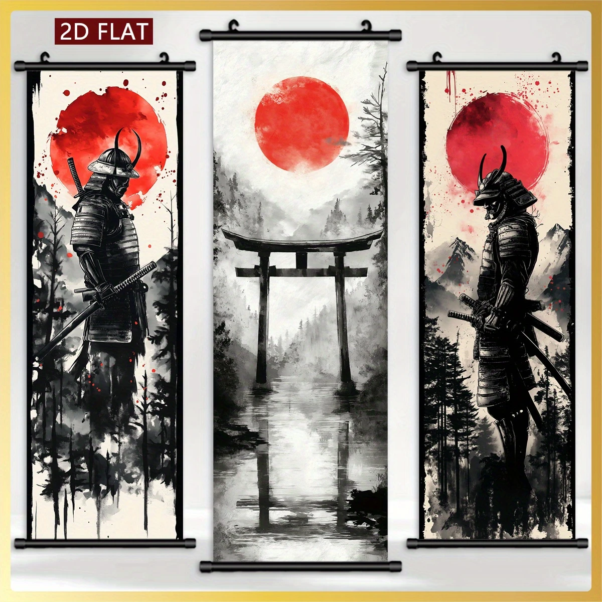 VIKAMA Ink-Washed Samurai Scroll Tapestry, Red Sun, Torii Gate, and Mountain Range Wall Hanging, Fabric Wall Posters, Home Decor