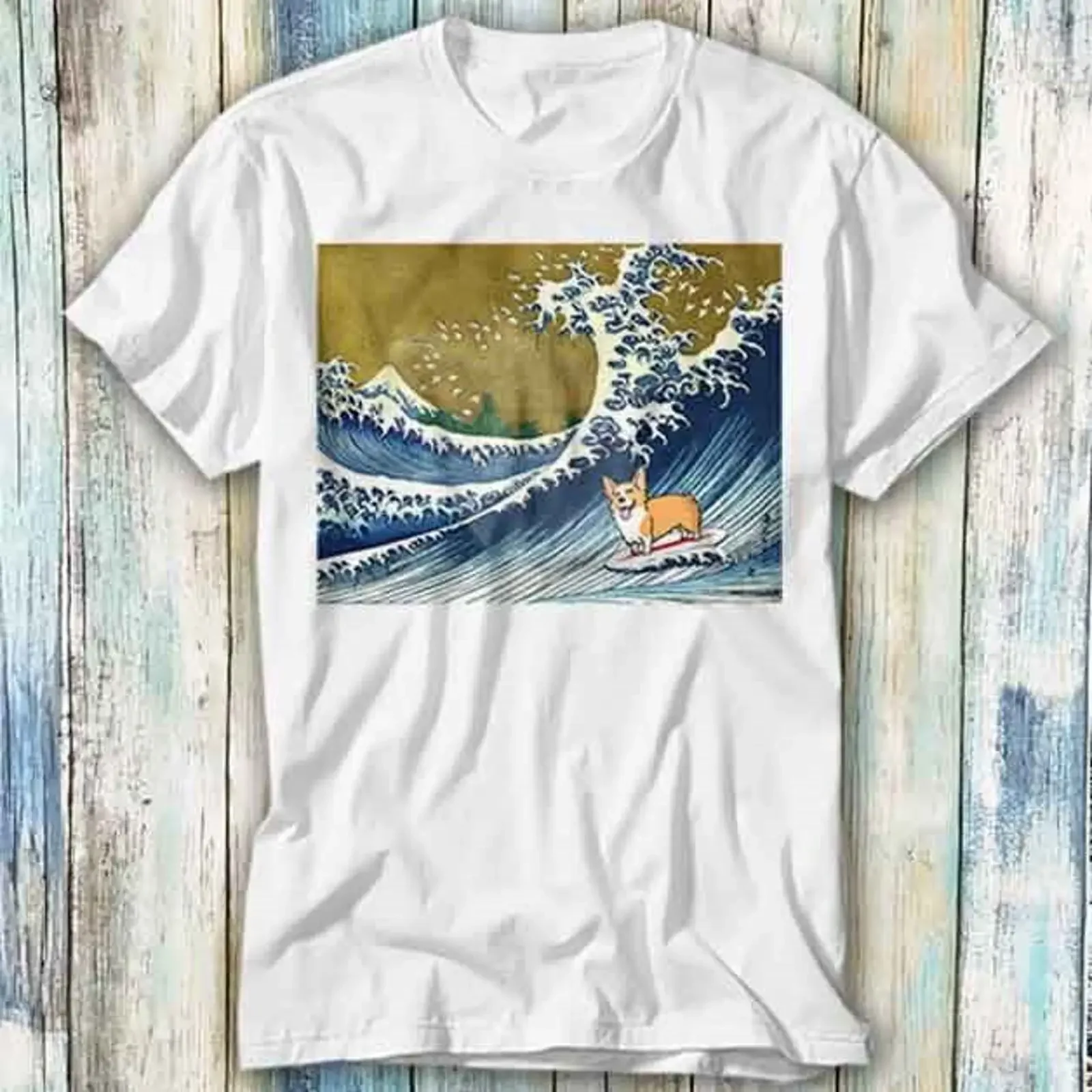 T Shirt Great Wave Off Kanagawa Surfen Corgi Hund Meme Geschenk Top 497 vintage Washed streetwear Versatile homme fashion