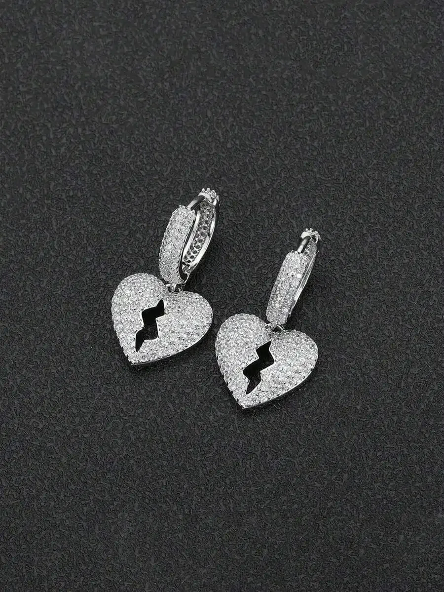

Cubic Zirconia Broken Heart Hoop Earrings For Men Women Street Hip Hop Fashion Jewelry