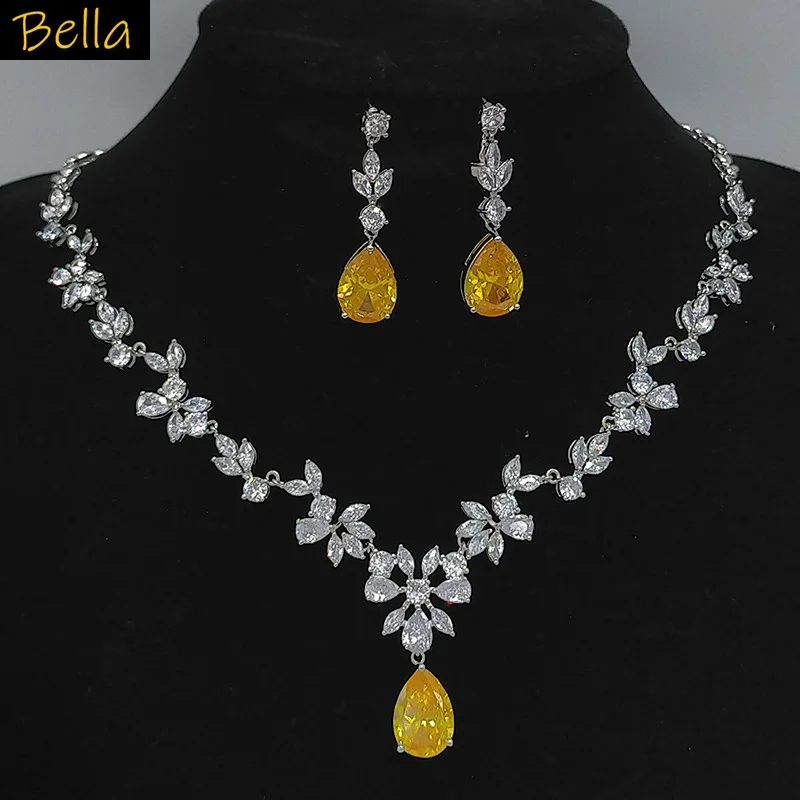 

2pcs jewelry set necklace earrings leaf plant flower white yellow blue red water drop jewelry wedding party anniversary gift