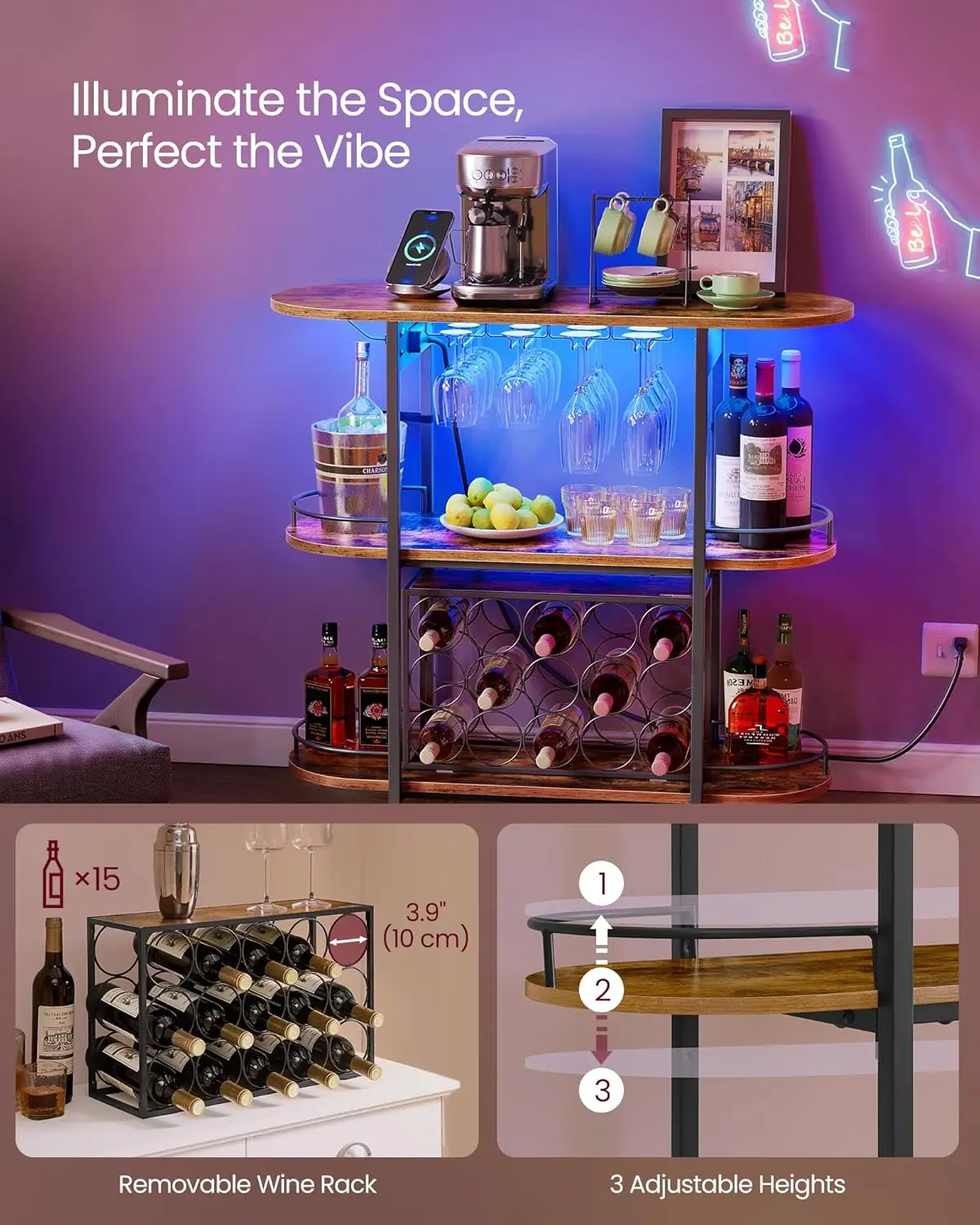 素朴なブラウンのバーキャビネット、LEDライト、電源コンセント、ワインラック、グラスホルダー付き、キッチンやダイニングルーム用