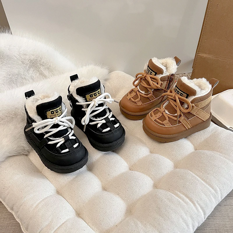 

2025 New Winter Children Snow Boots Genuine Leather Warm Plush Toddler Boys Shoes Non-slip Fashion Baby Girls Boots 1-6 Years