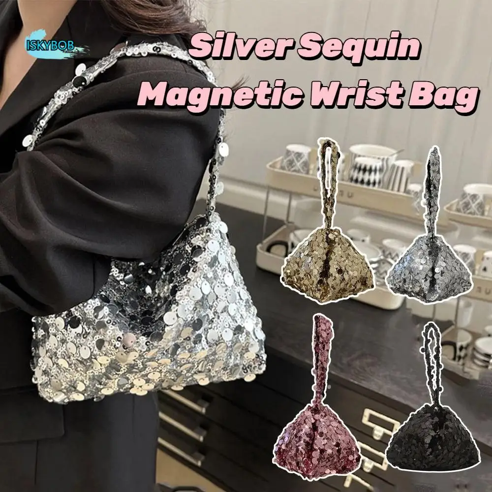 

Casual Shiny Silver Sequin Wrist Bag Zipper Handbag Blingbling Handbag Magnetic Underarm Bag Evening Banquet Bag Wedding