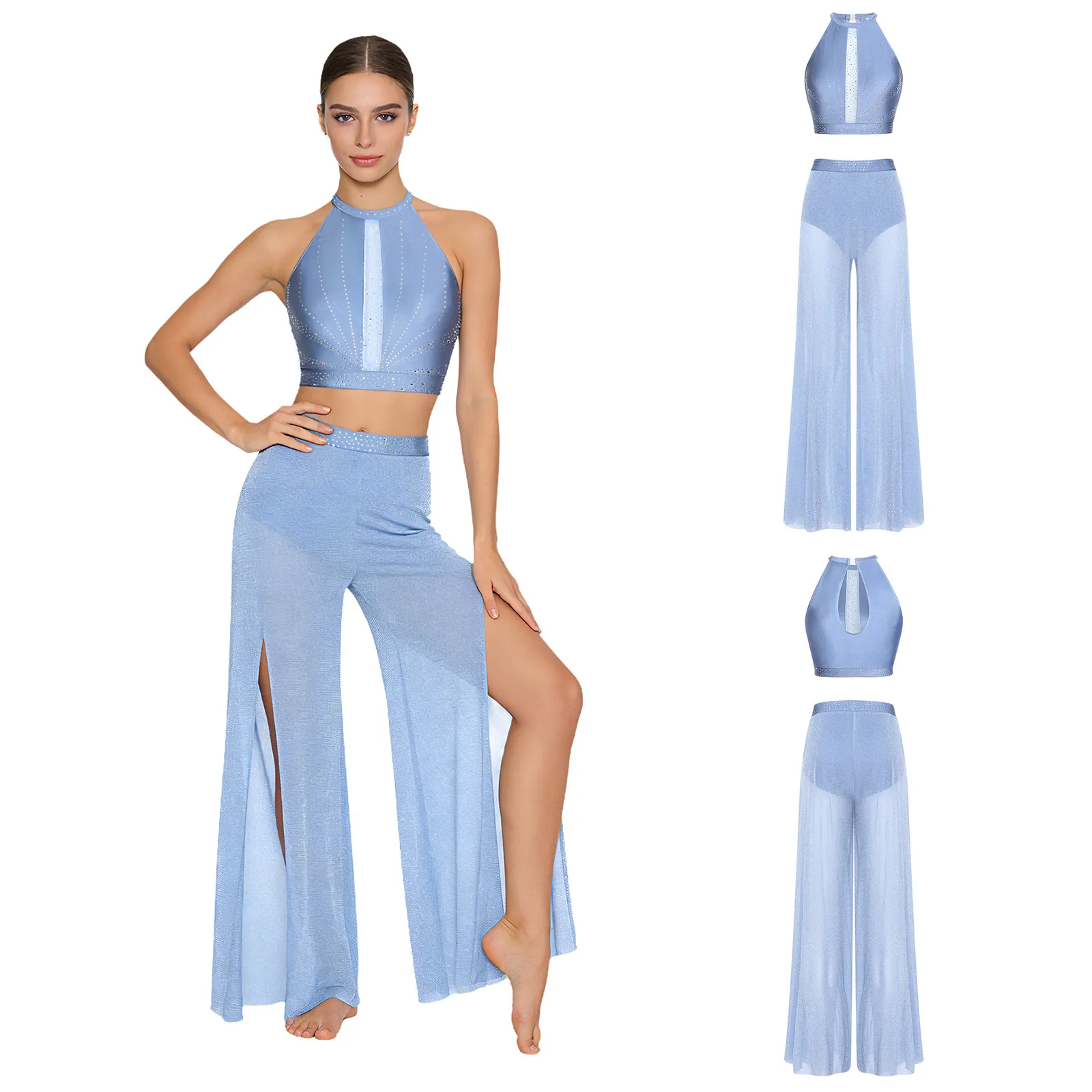 Women Lyrical Dance Costume Rhinestones Crop Tank Top Shimmy Mesh Pants Skating Gymnastics Acrobatics Modern Dancing Dancewear
