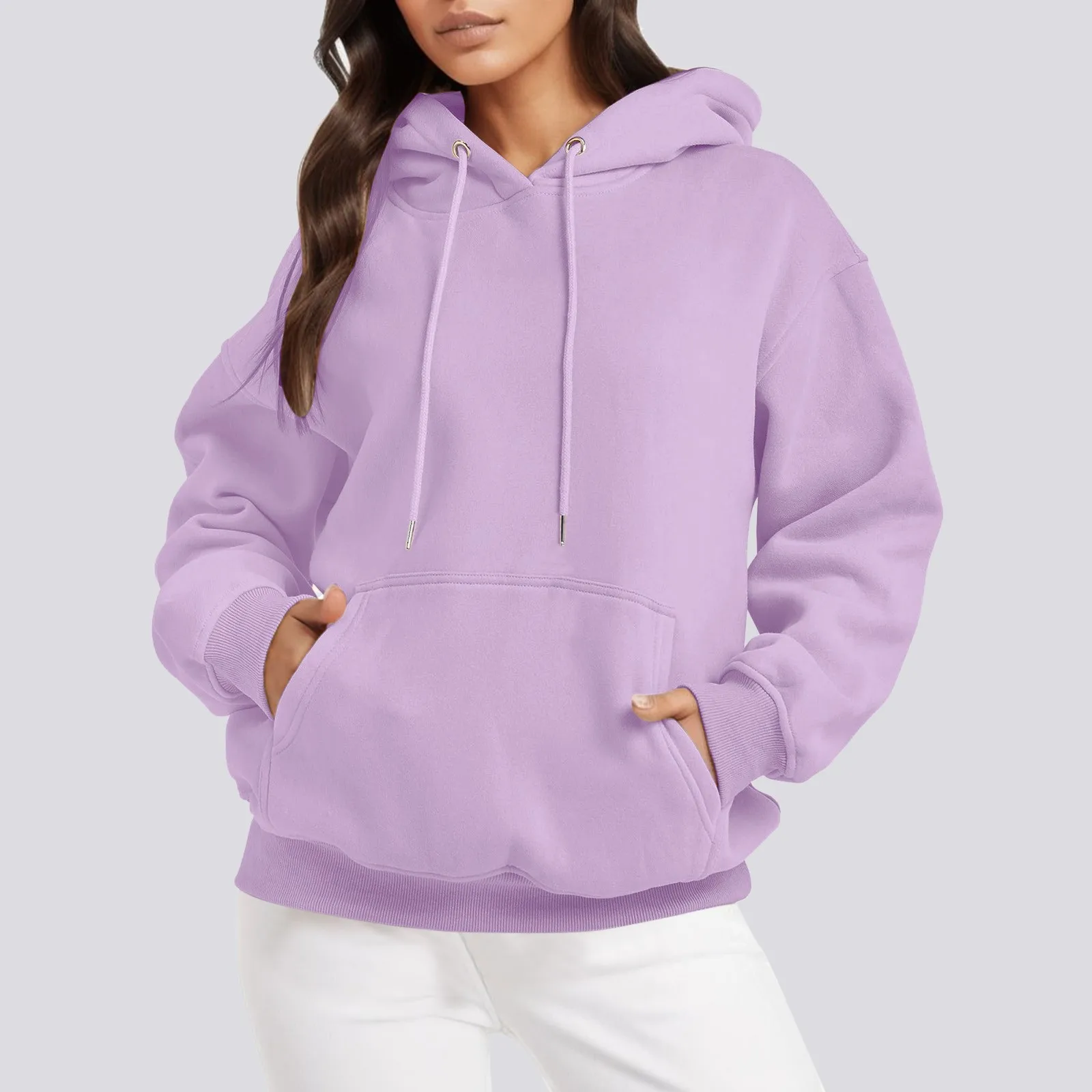 Womens Pink Hoodie Outdoor Hooded Shirt Solid Long Sleeve Tops Pocket Loose Sweatshirts Pullover Women Korean Fashion Clothes