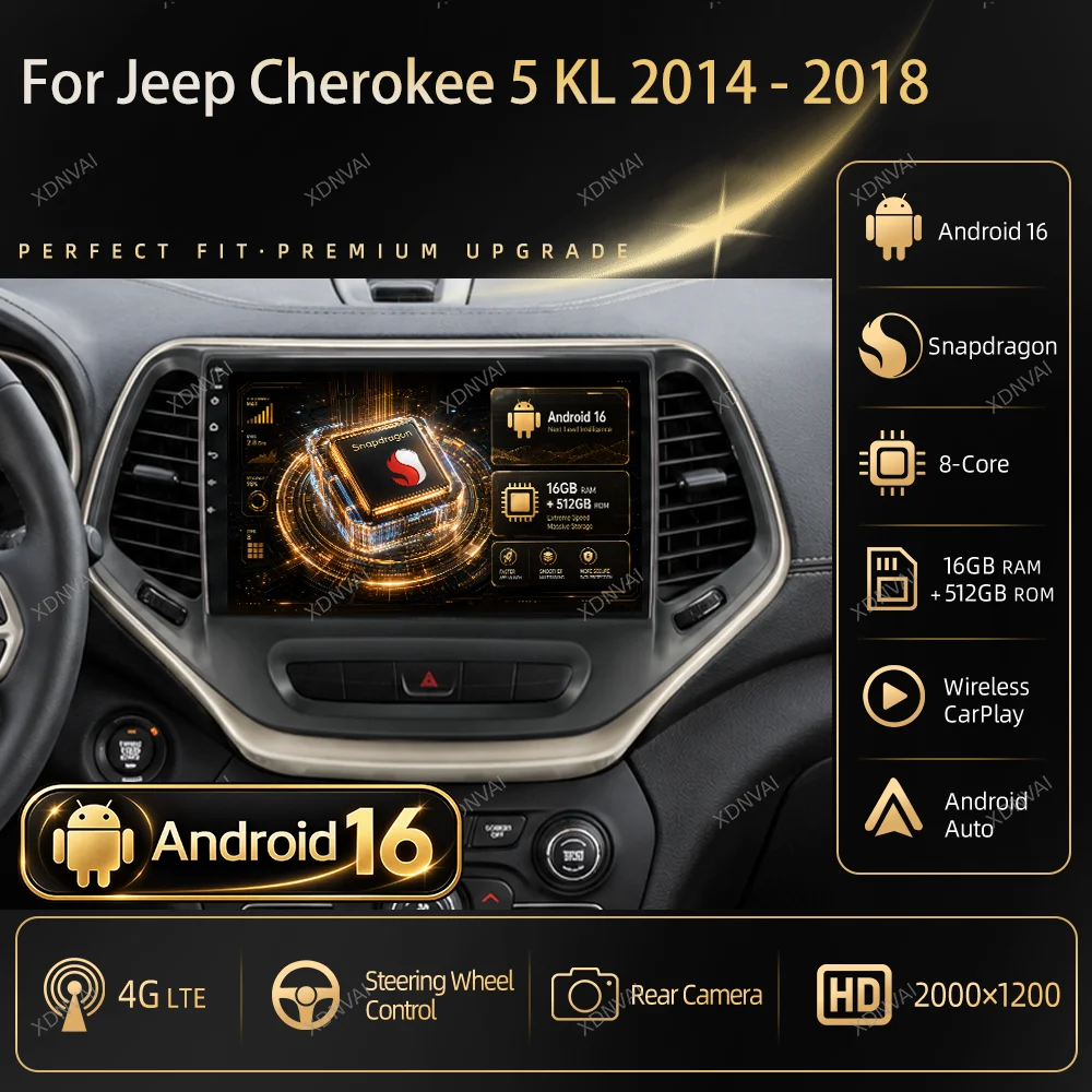 Android 16 Car Radio Multimedia For Jeep Cherokee 5 KL 2014 - 2018 Video Player Navigation Carplay Auto 5G WIFI 360 Camera
