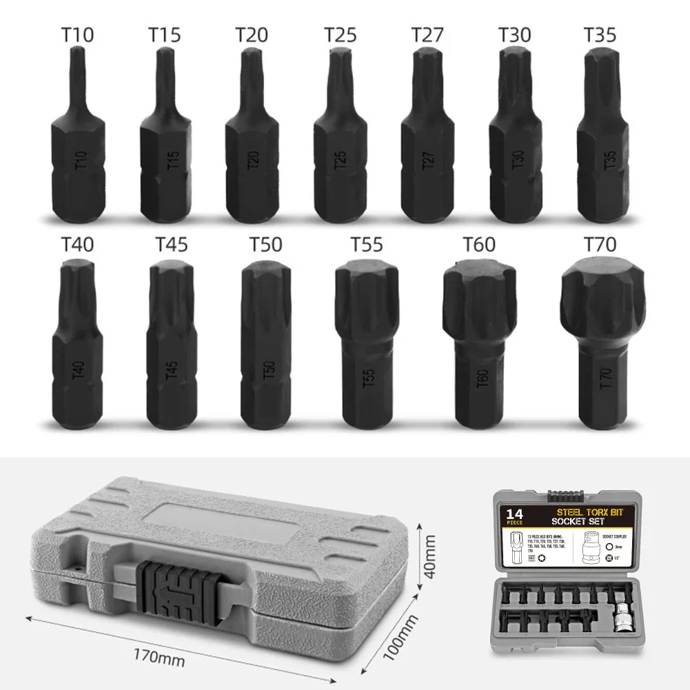 Para trabalho mecânico vanádio aço 1 2 Polegada unidade para uso doméstico T10-T70 14 pçs para torx bit soquete conjunto chave de fenda