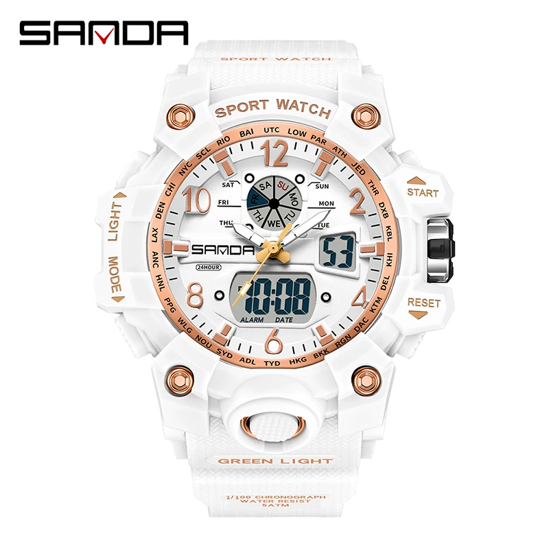 Sanda นาฬิกาทหาร3169 3306G, นาฬิกาข้อมือเล่นกีฬาช็อตดิจิตอลคู่รักสำหรับกันน้ำสำหรับผู้หญิงและผู้ชาย