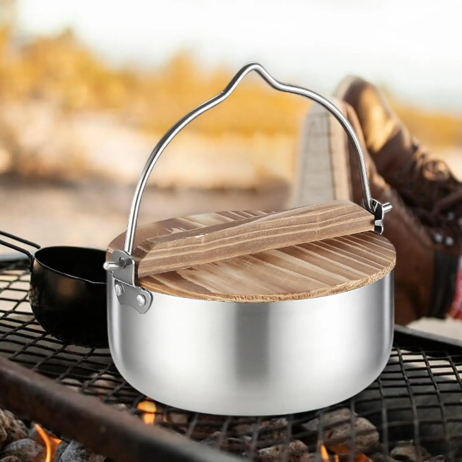 

Camping Cooking Pot Outdoor Pot Camping Cookware Stainless Steel Round with Wood