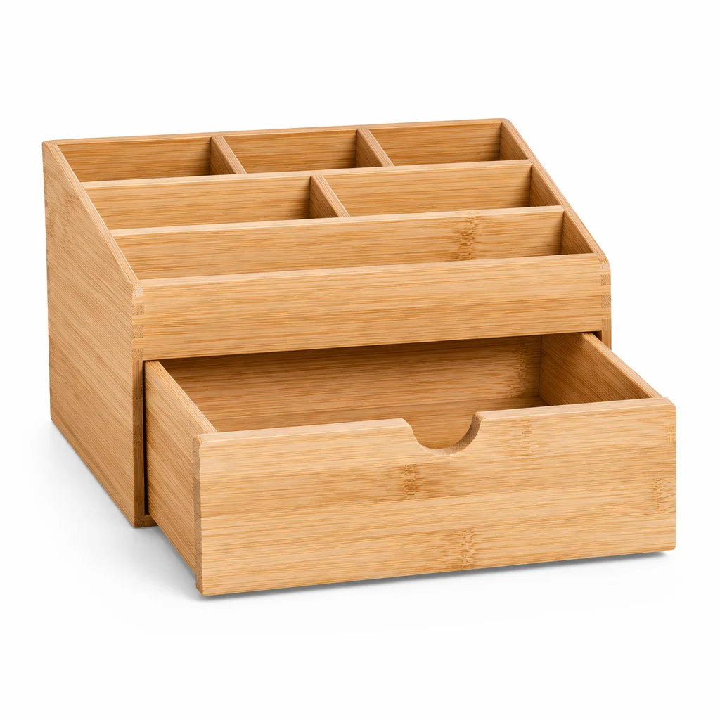 Desk Organizer Pull-out Drawer Multi Compartment Rectangular Office Storage Caddy Stationery Cosmetics Remote Bamboo