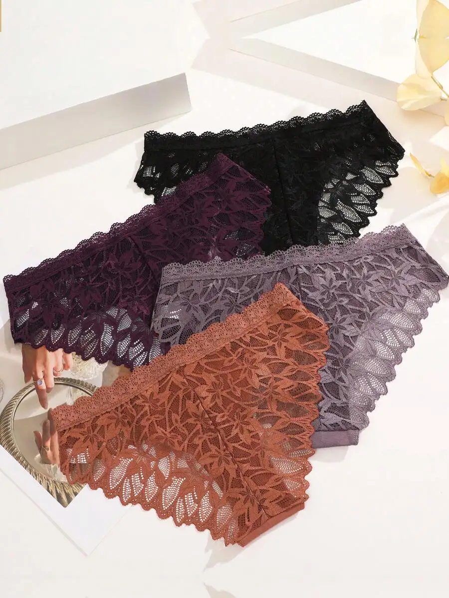 

4pcs Solid Color Lace Seamless Triangle Panties For Women