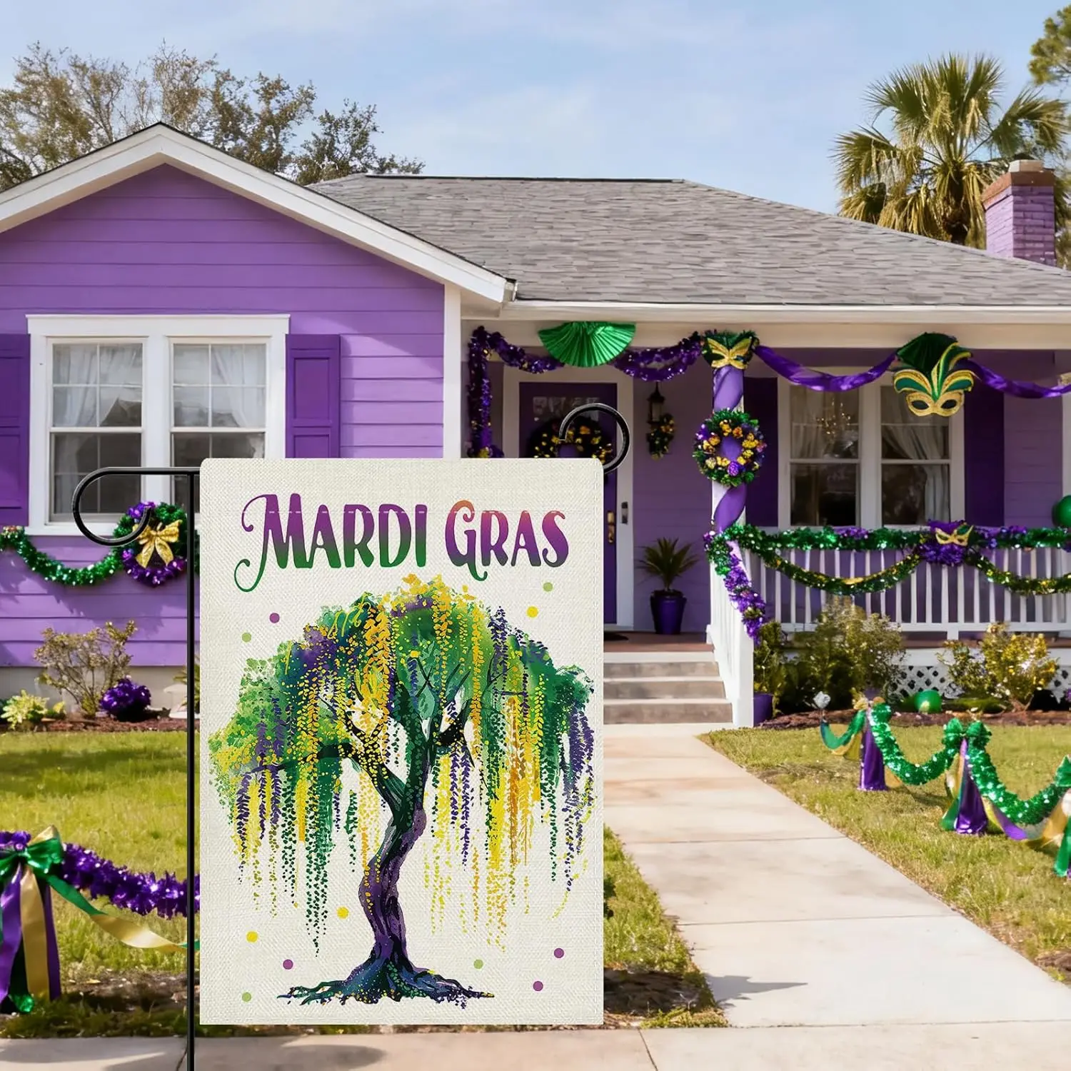 Dyrenson Mardi Gras Watercolor Tree Decorative Garden Flag, New Orleans Carnival Yard Outside Home Decoration, Polka Dots Ma EEZ