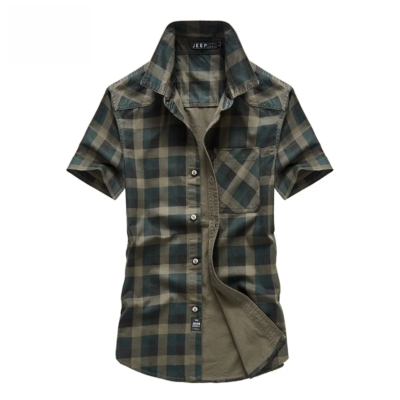 

Мужская летняя повседневная рабочая одежда из чистого хлопка в клетку, свободного кроя, с вышитым узором, для делового стиля и комфортной носки