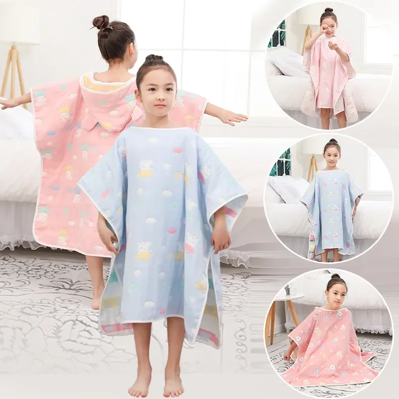 Pure Cotton Gauze Hooded Bath Towel Baby Cloak Cartoon Style Soft Absorbent Breathable Bathrobe Medium Large Children Nightgown