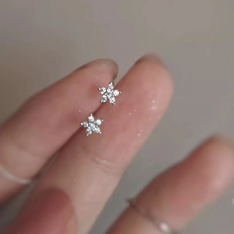 Real 925 Sterling Silver Zircon Flower Mini Stud Earrings For Women Cute Plant Fine Jewelry Piercing Hole Accessories