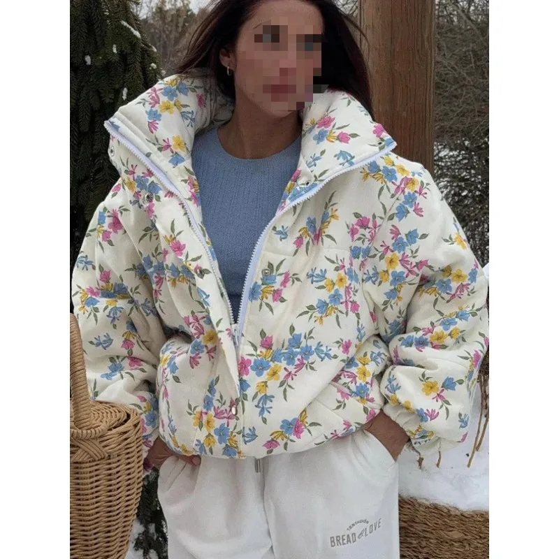 

Fashion printed cotton-padded jacket, stand-neck zipper cotton-padded jacket, warm cotton-padded jacket for women