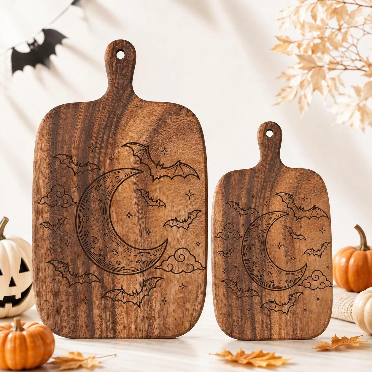 2Pcs/1Pc Halloween Wooden Carved Cutting Board Artistic Carved Steak Board Tabletop Decorative Cutting Board Stylish Long Handle, Made of Solid Wood, Used for Cutting Meat, Cheese, Bread, Vegetables, and Fruits - Deli Board, Cheese Serving Board, Perfect for Food Slicing and Presentation, Portable Camping Cutting Board, a Must-Have for Modern Home and Country Kitchens Mother's Day Gifts, Wedding Season Kitchen Supplies