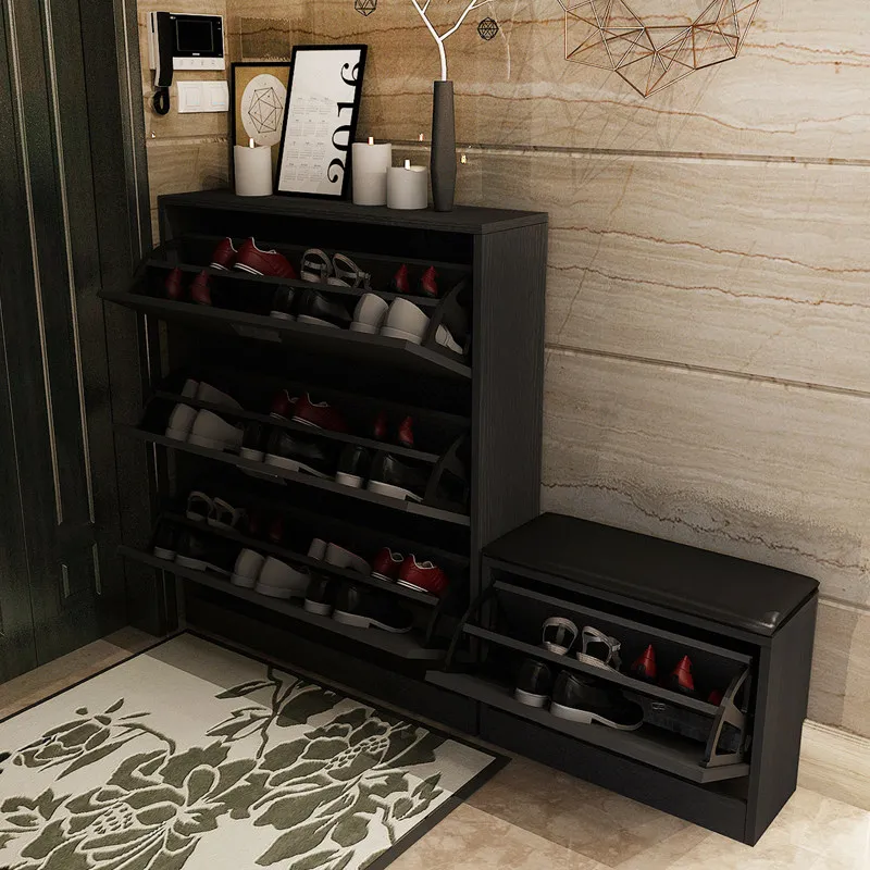 Ultra-thin tipping bucket shoe cabinet, black, simple, modern foyer cabinet, simple and e****mical, large-capacity