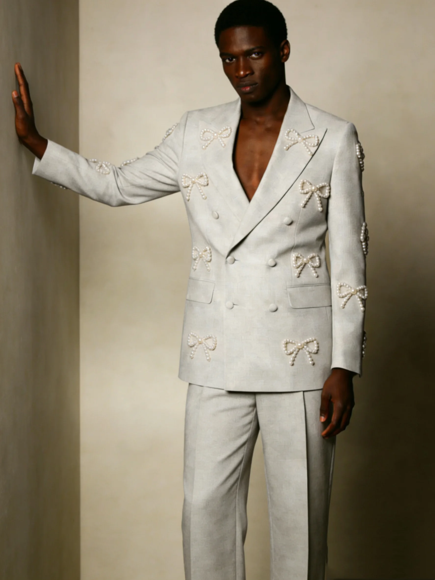 

Pearls Bow Men Suit Set 2 Pcs Blazer+Pants Trousers Cotton Groom Wedding Tuxedo Formal Office Business Jacket Coat Customized