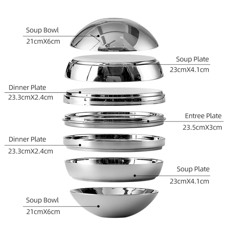 304 Stainless Steel Spherical Bowl & Plate 7 Piece Set  Artistic Sphere Decor, Glossy Double-Layer Heatproof Bowls and Dishes