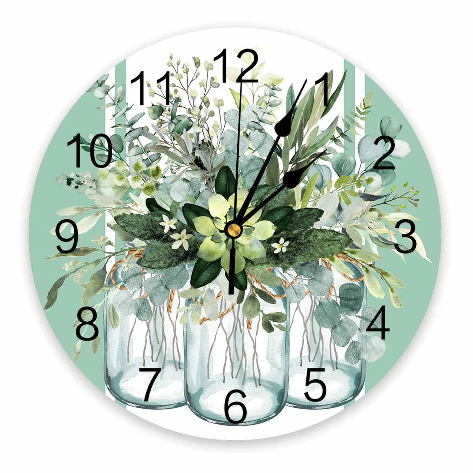 Spring Eucalyptus Leaves Striped Sage Green Printed Wall Clock Modern Silent Clock Living Room Home Decor Wall Hanging Watch