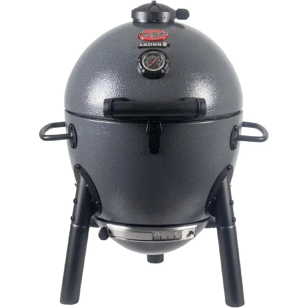 

АКОРНДжр. Портативный угольный гриль-коптильня Kamado с чугунными решетками и запирающейся крышкой, площадь для приготовления 155 кв. дюймов, цвет серый.