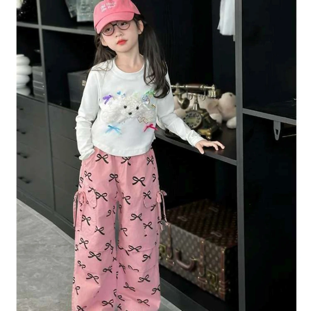 

Girls' Autumn Set: Fashionable Baby Long-Sleeve Top with Trendy Casual Wide-Leg Pants, Children's Autumn Two-Piece Set