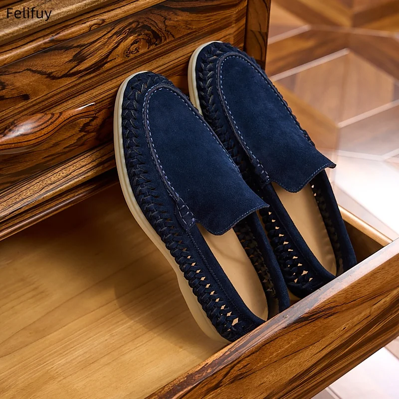 Men Shoes Casual Genuine Leather Mens Loafers Moccasins Woven Slip on Boat Shoes High Quality Chaussure Homme Plus Size 38-46