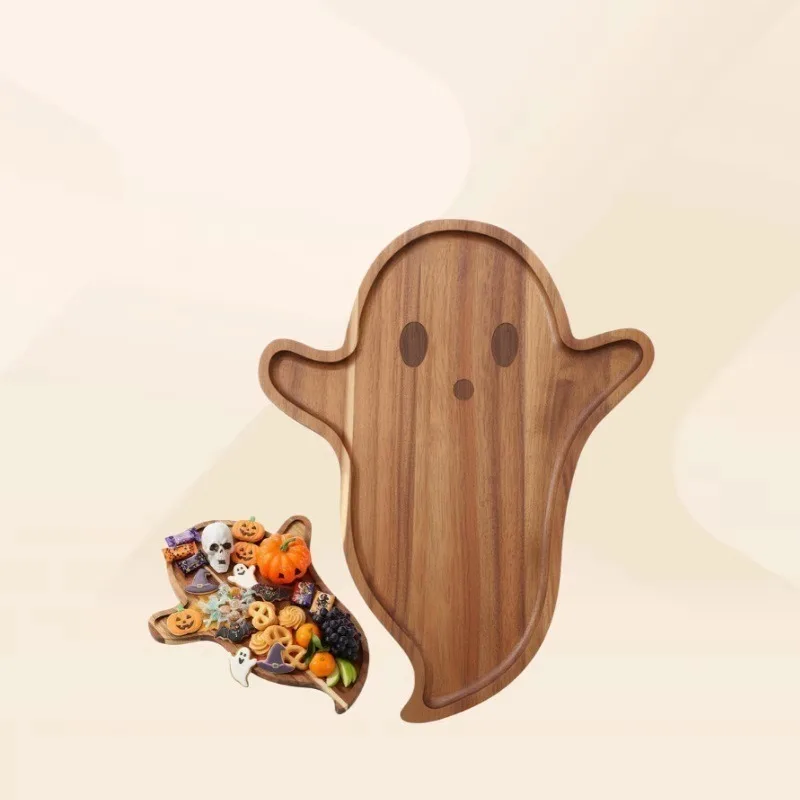 Halloween Wooden Serving Platter Coffin Shape Serving Tray Ghost Shape Wood Charcuterie Board Wooden Snack Cheese Dish Plate