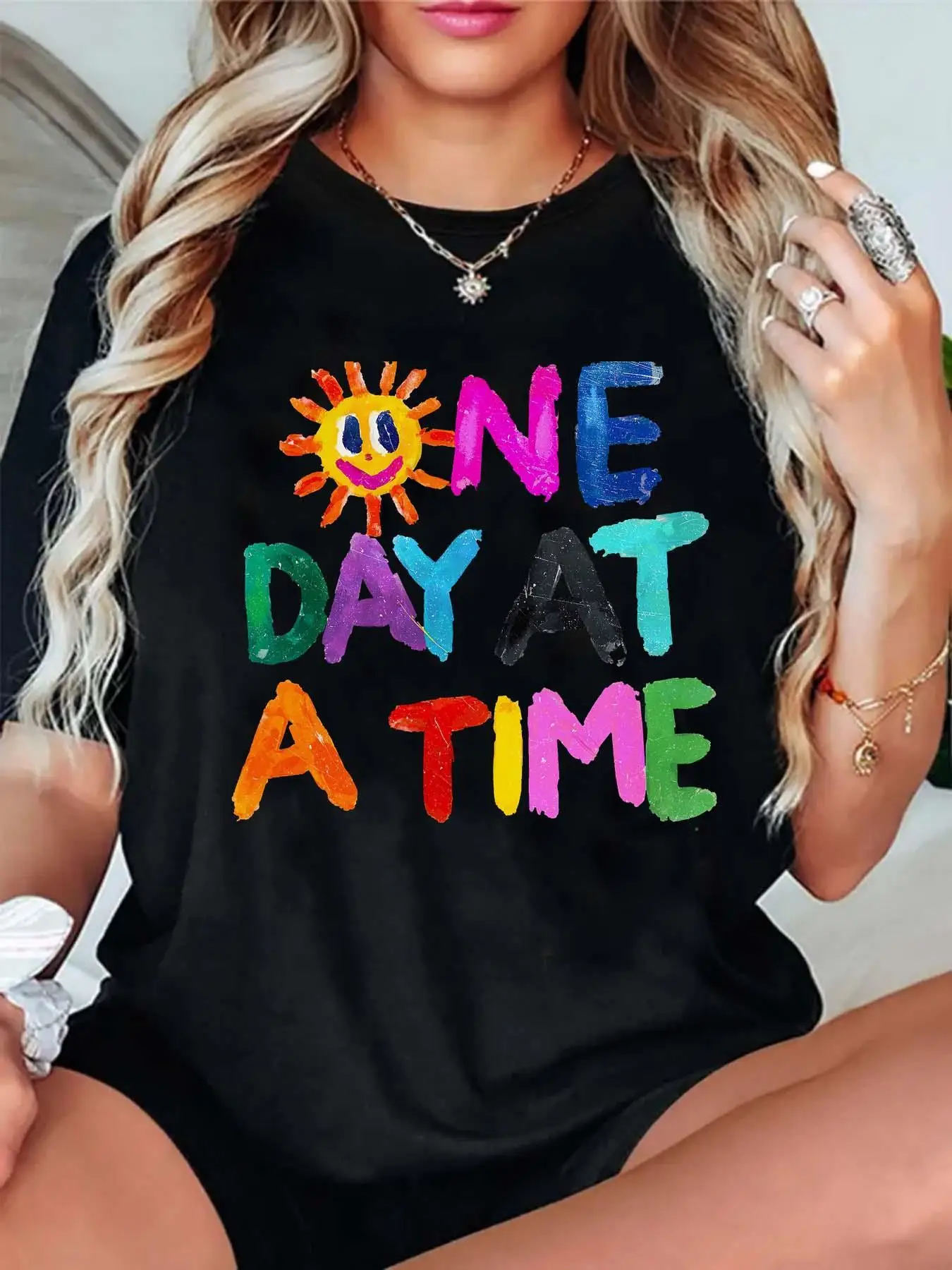 

Colorful Letter Pattern with "Every Day's Opportunity" Printed Summer T-shirts Short Sleeve Round Neck Tops Casual Woman Clothes
