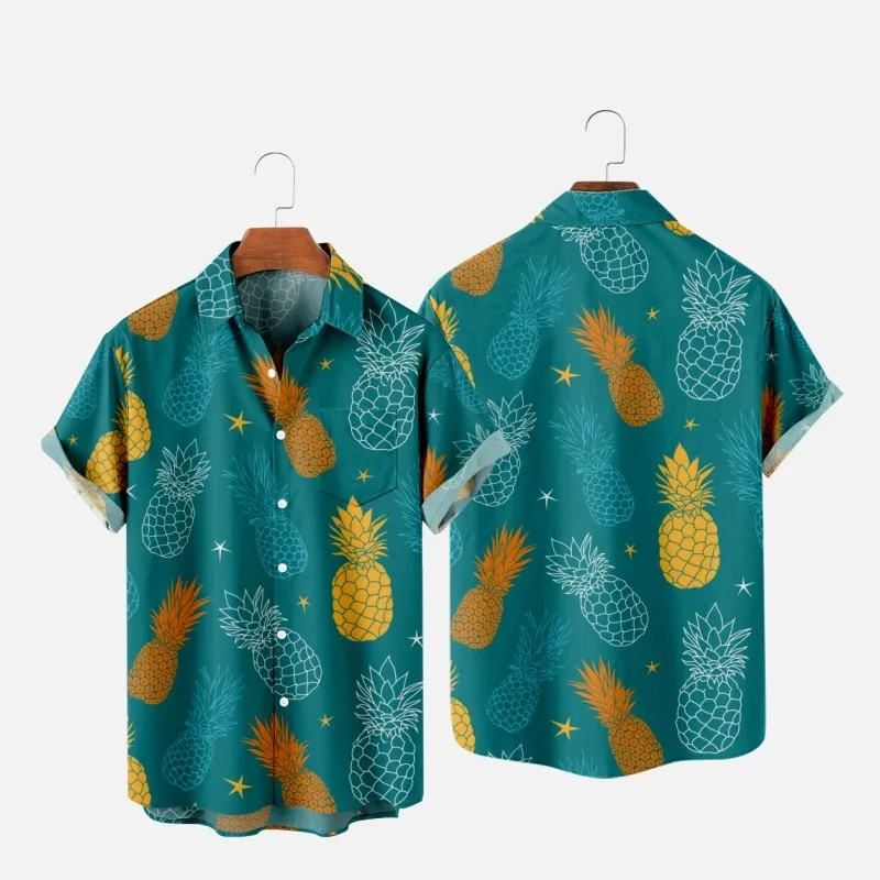 

Men's Fashion Y2K T-Shirts Hawaiian Shirt Pineapple 3D Print Cozy Casual One Button Short Sleeve Beach Oversized Clothes 6