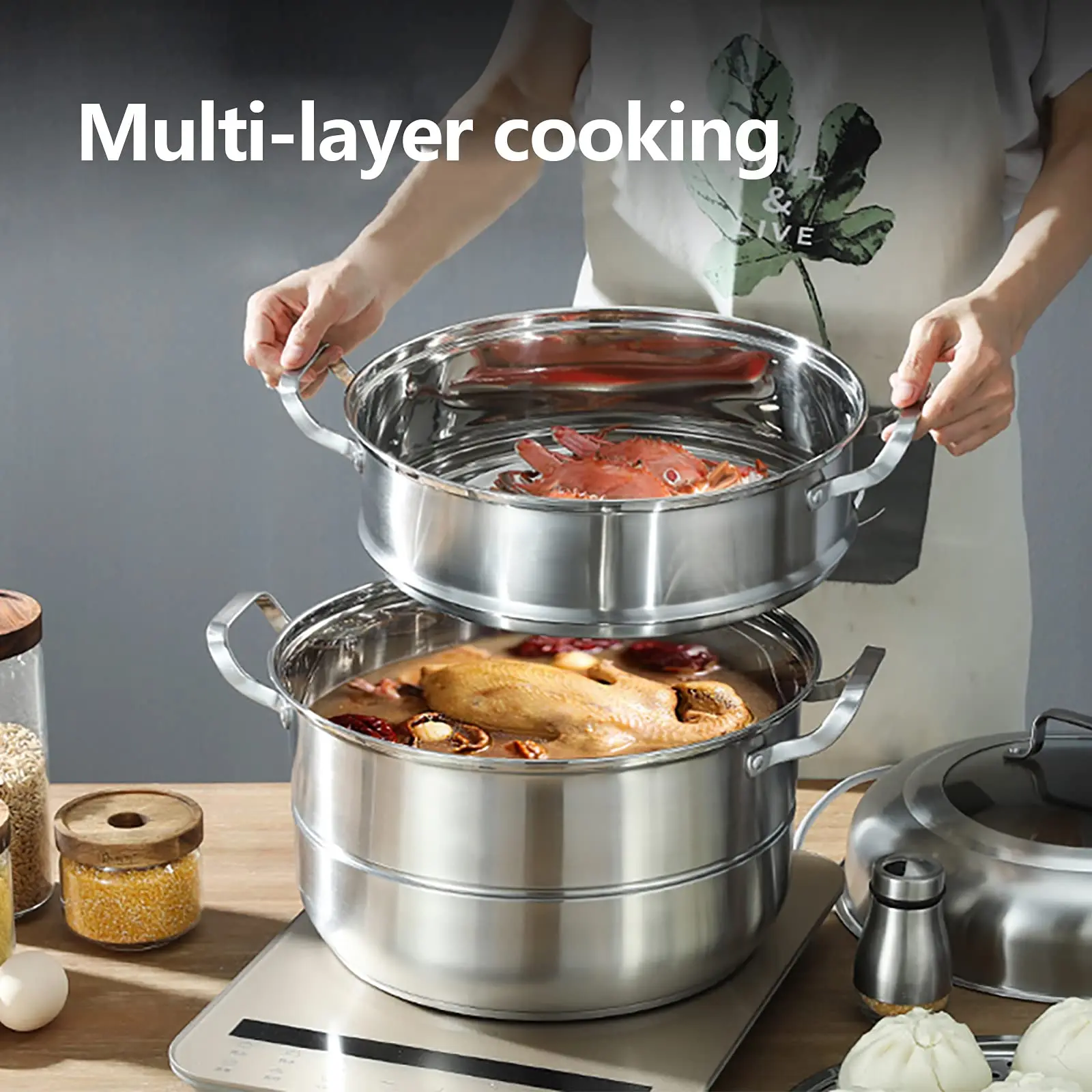 جهاز بخار Xuthusman 304 من الفولاذ المقاوم للصدأ - قابل للتكديس 5 طبقات مع غطاء زجاجي - قطر 32 سم - مقاوم للصدأ