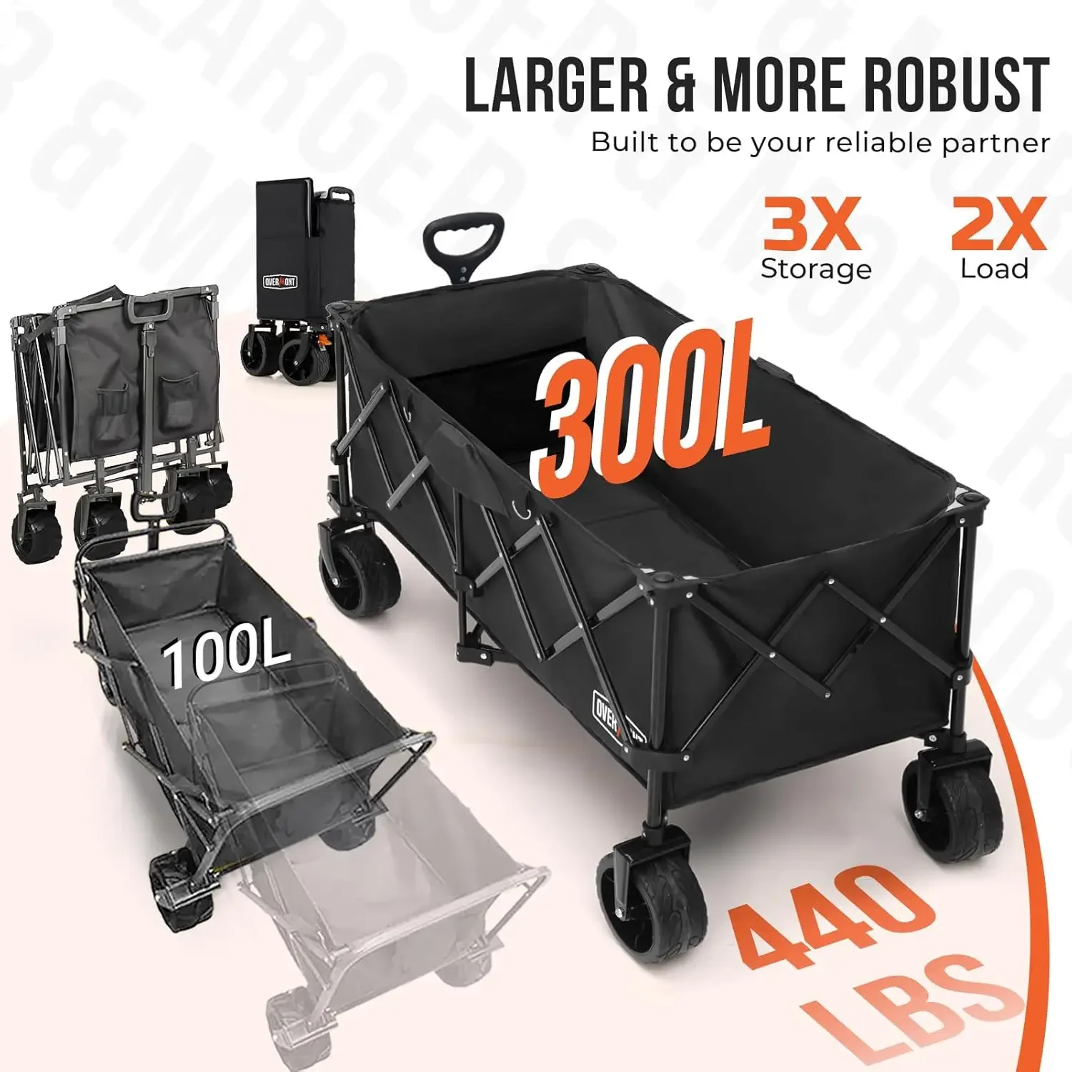 Carrito plegable de gran capacidad, carrito de 45 pulgadas, capacidad de hasta 300L, 440 libras