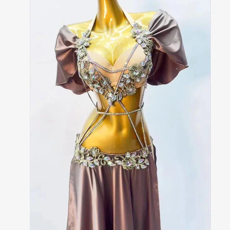 Costumes de performance de danse du ventre pour femmes, personnalisation financière, soutien-gorge AB Coal, jupe longue fendue sexy, costume de danse du ventre, senior, 2 pièces