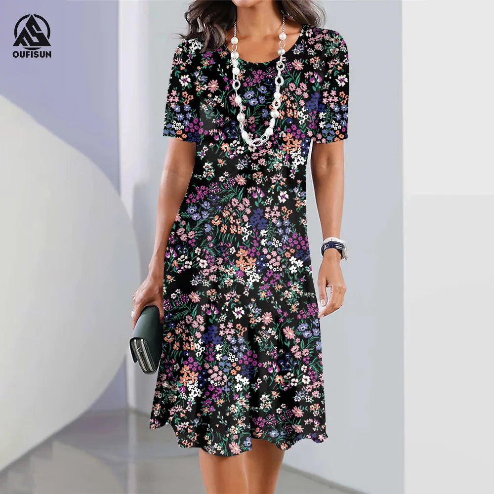 

Elegant Women‘S Dresses Short Sleeves Crushed Flower Dress Holiday Fashion Short Sleeve Ladies Clothing Casual Oversize Clothing